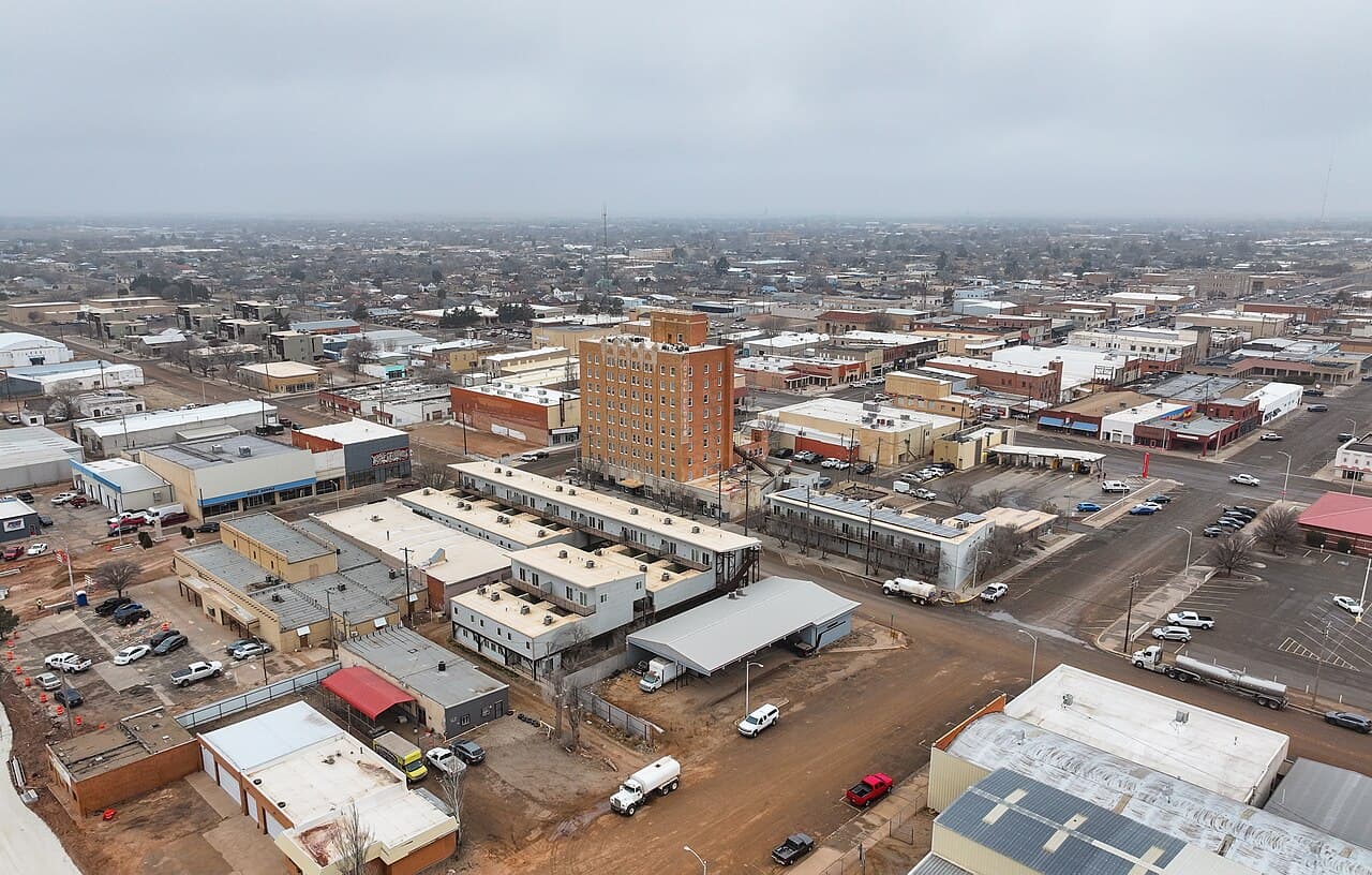Aerial view of the skyline of Clovis, New Mexico.