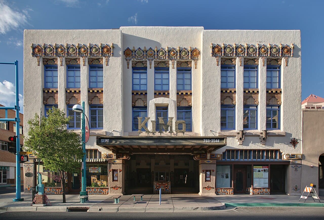 The Pueblo Deco facade of the KiMo Theatre on Central Avenue.