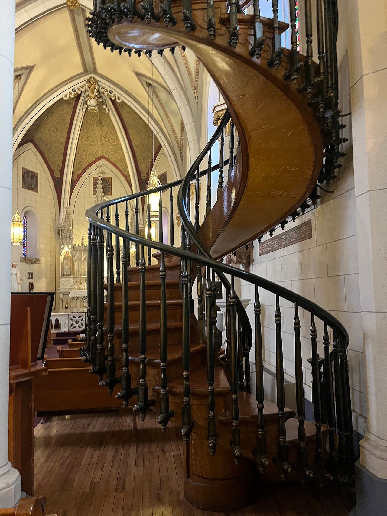 The spiral wooden staircase inside Loretto Chapel.