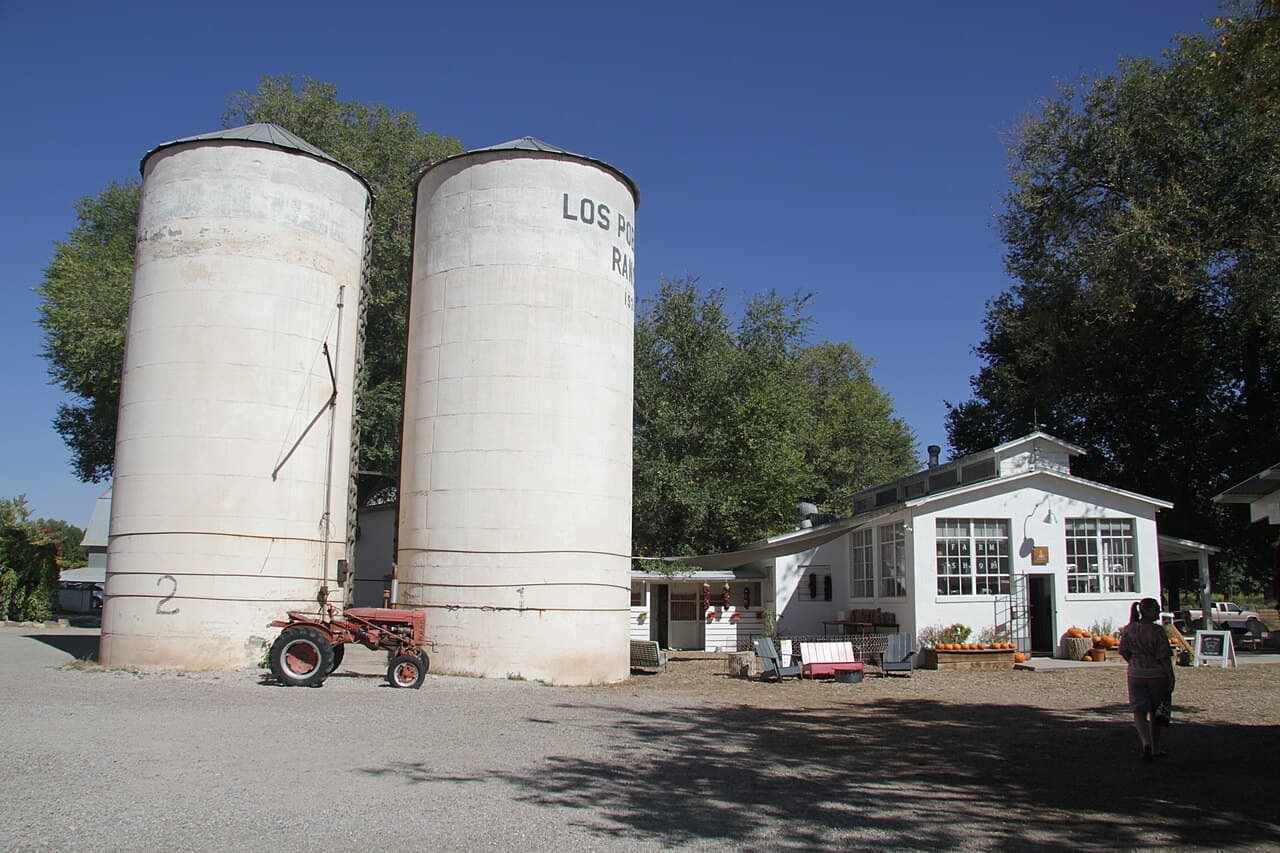Fields and farm buildings at Los Poblanos Historic Inn and Organic Farm.
