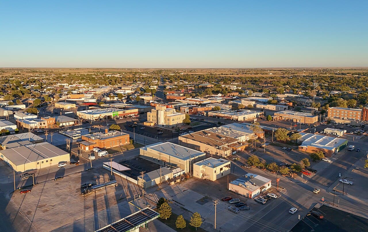 Aerial view of the skyline of Portales, New Mexico.