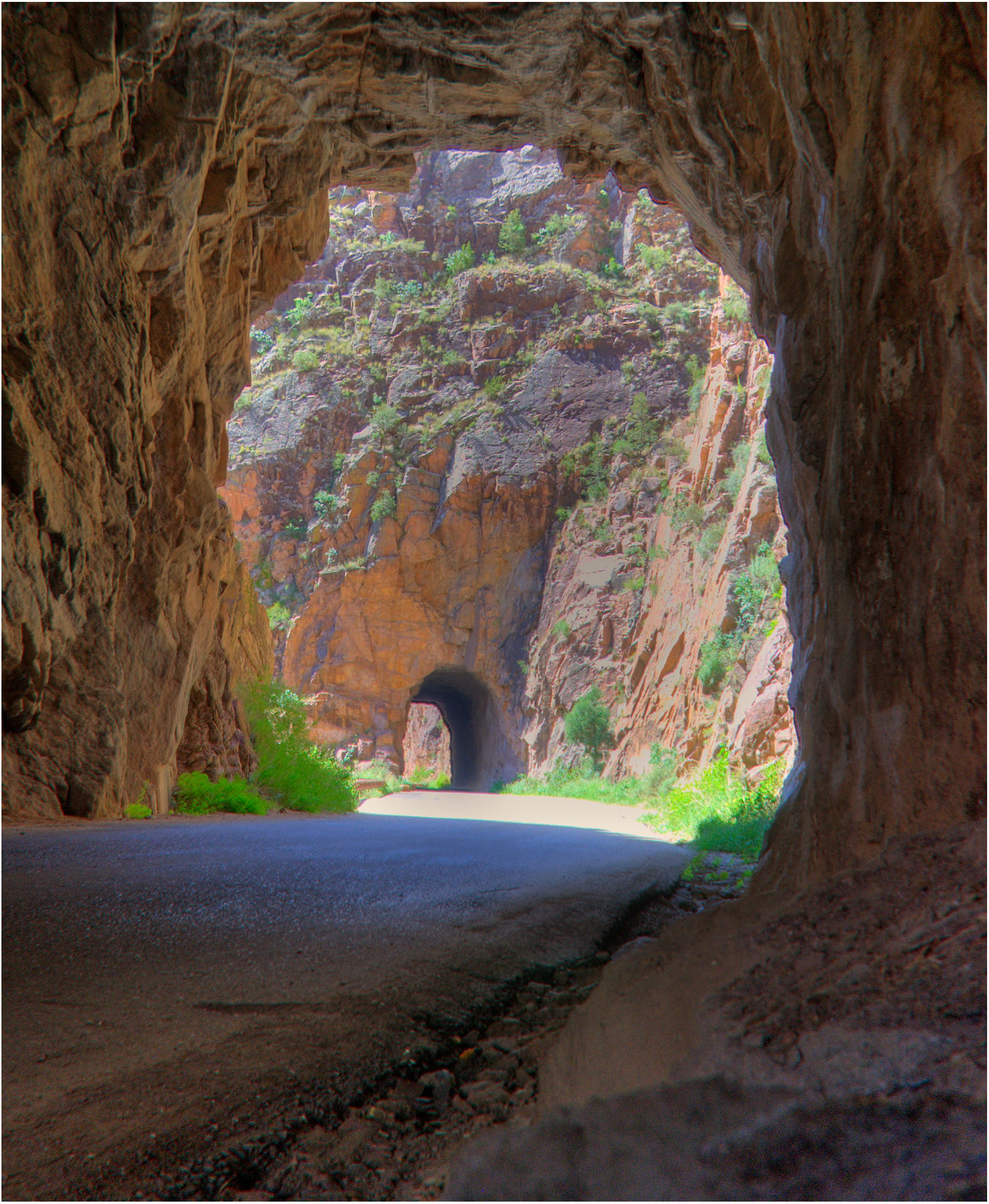 Gilman Tunnels carved through rock in the Guadalupe River Canyon, Jemez Mountains, New Mexico