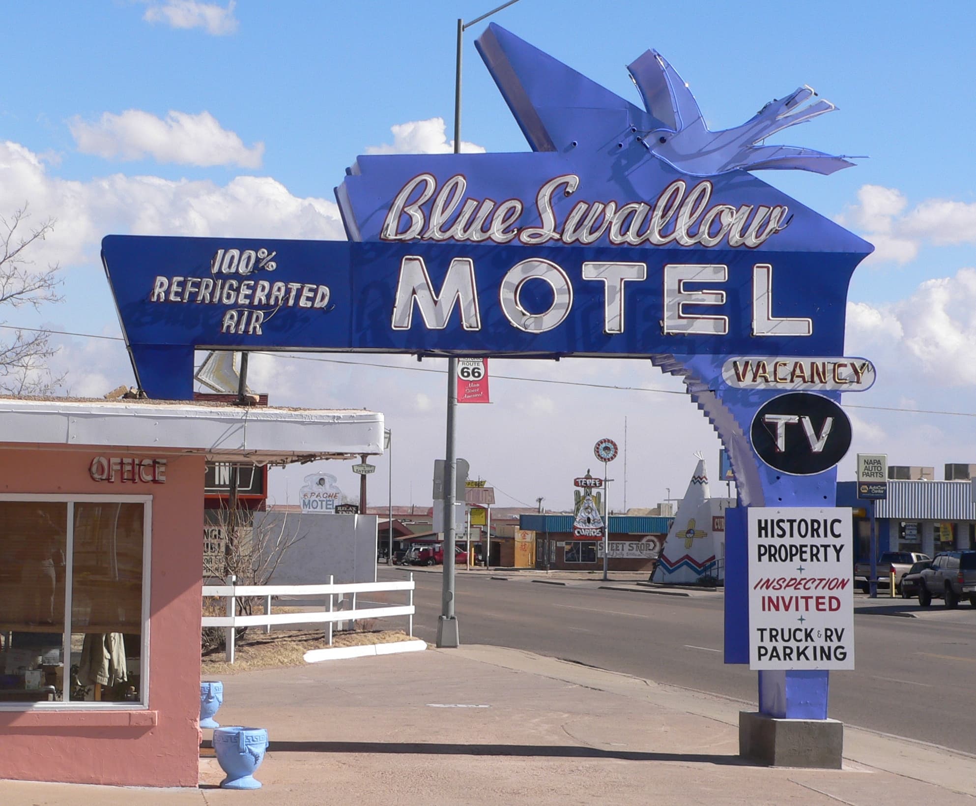 The Blue Swallow Motel neon sign on Route 66 in Tucumcari, New Mexico