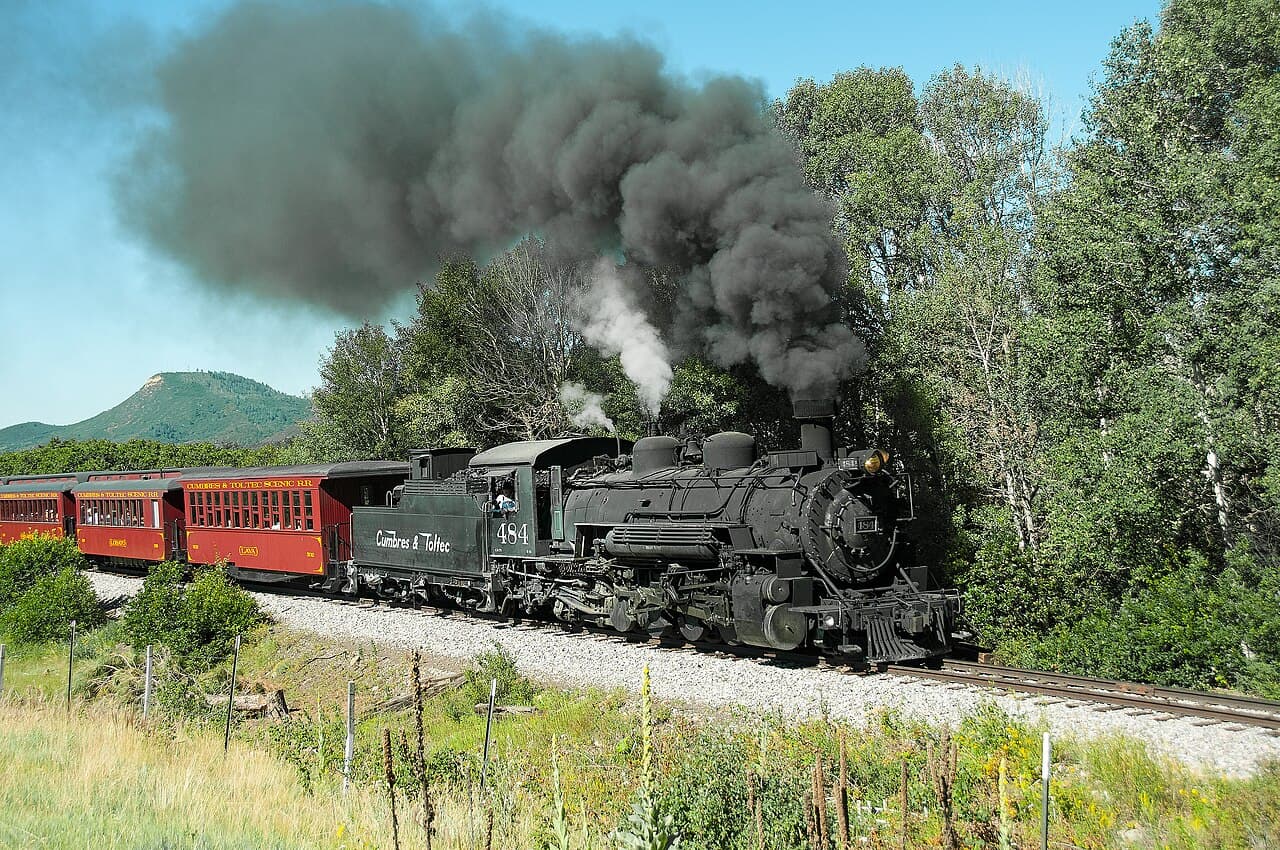 A steam excursion train on the Cumbres and Toltec narrow-gauge railroad.