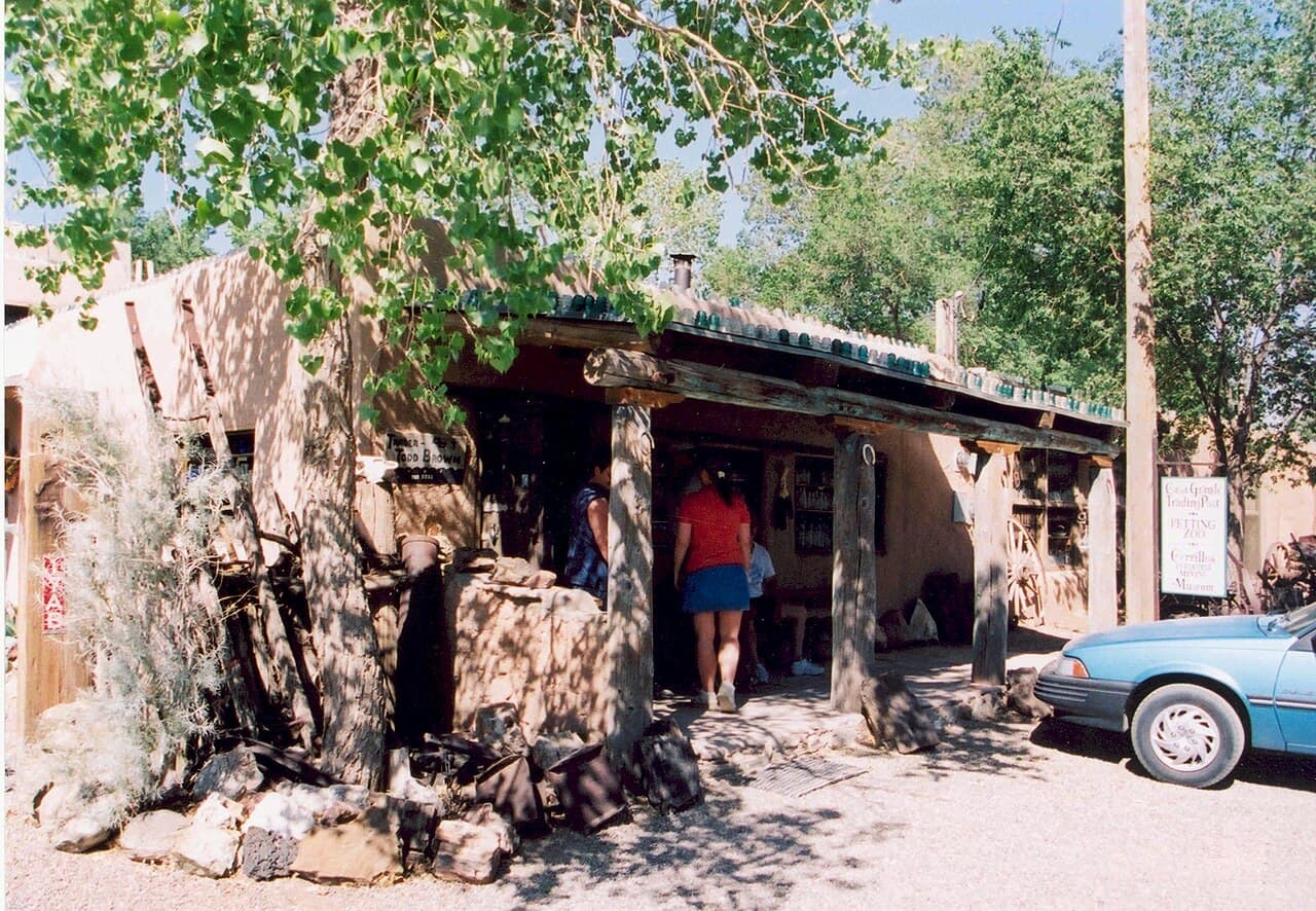 Adobe storefront of the Turquoise Museum on the main street of Los Cerrillos, New Mexico.