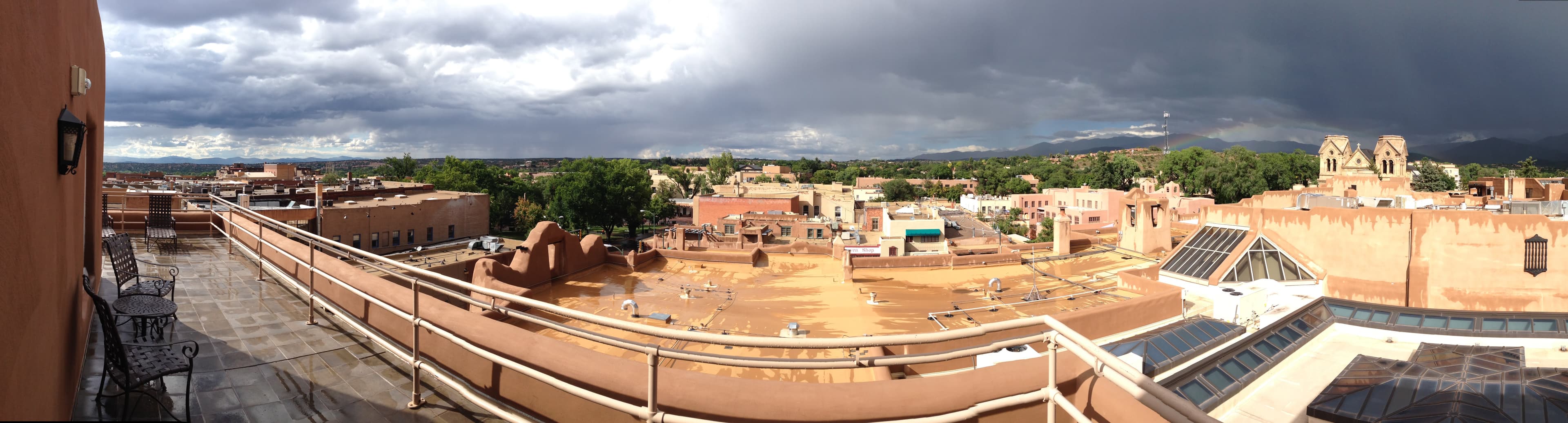 Panoramic view of downtown Santa Fe, New Mexico, from the top of La Fonda Hotel on the Plaza