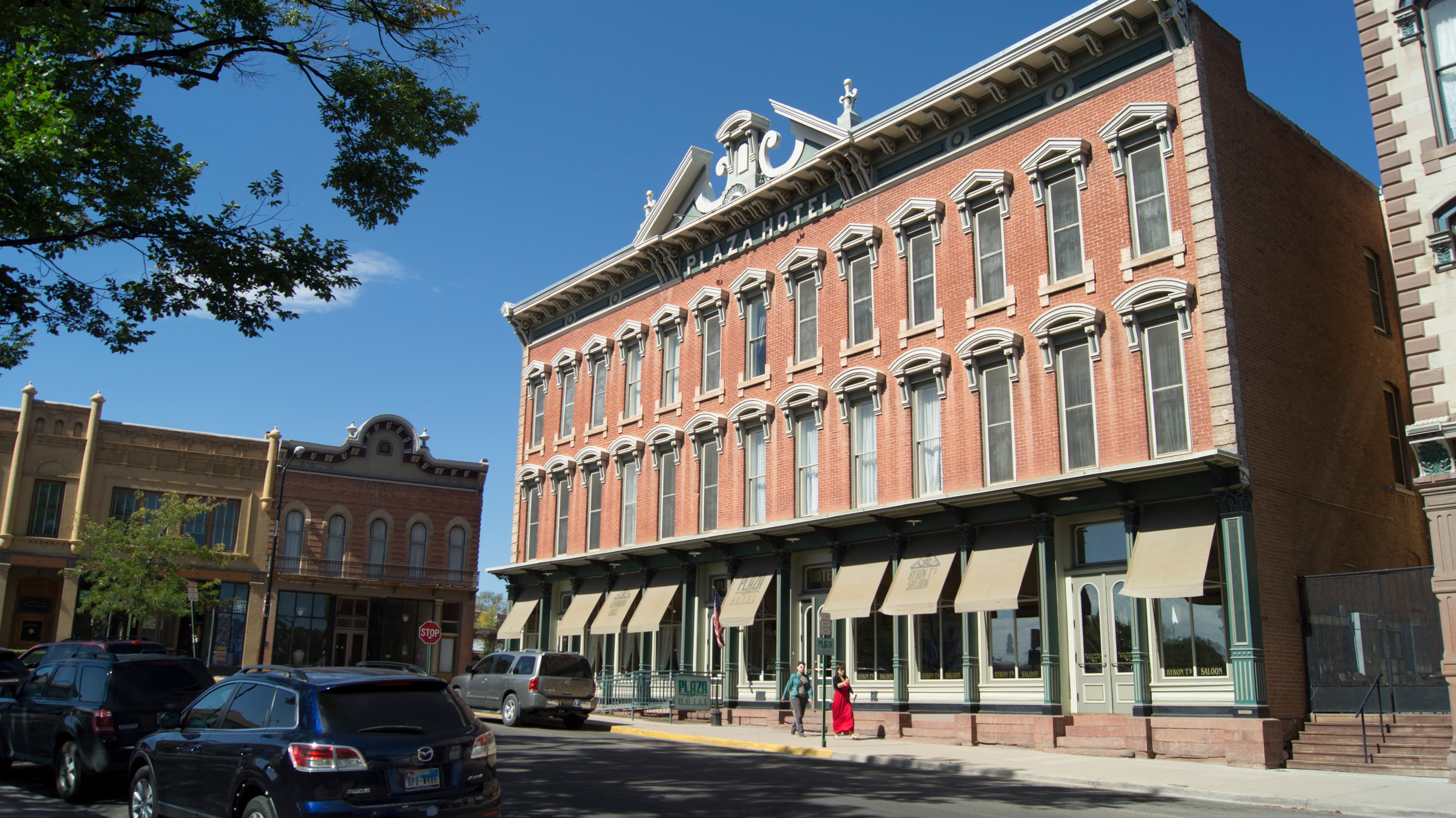 Las Vegas Plaza in Las Vegas, New Mexico, surrounded by historic buildings including the Emmanuel Rosenwald Building