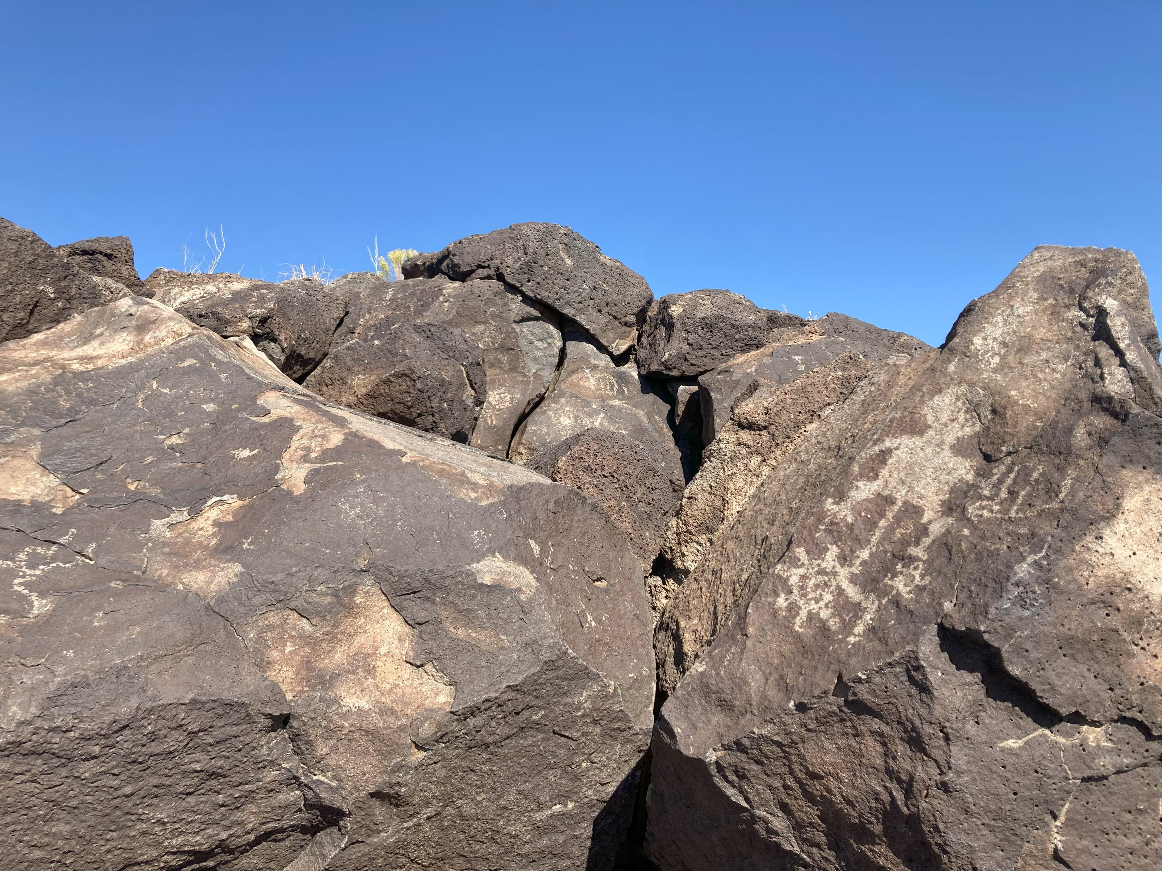Ancient petroglyphs carved into volcanic rock at Boca Negra Canyon, Petroglyph National Monument