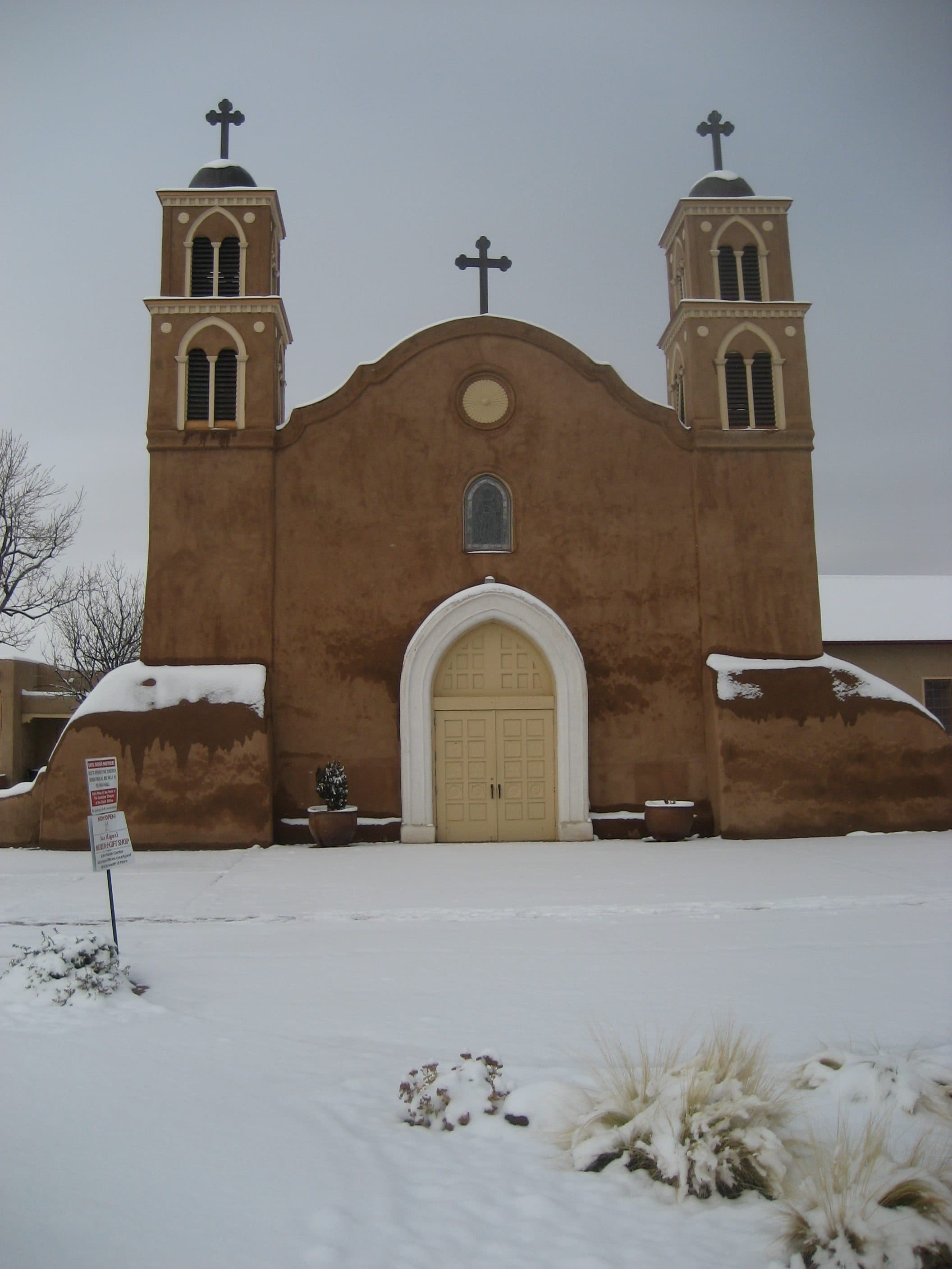 Front view of the historic San Miguel de Socorro Church in Socorro, New Mexico