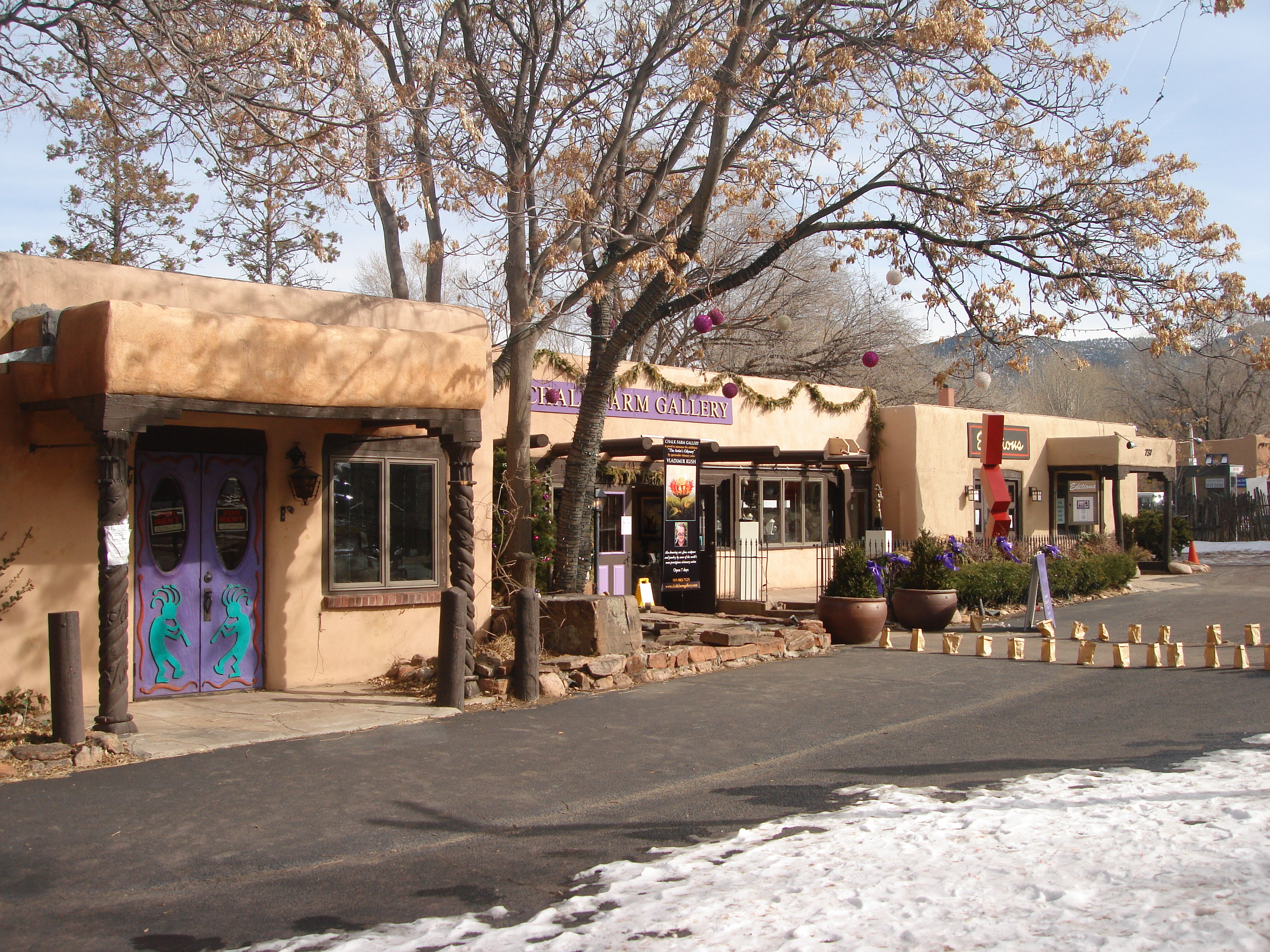 Canyon Road art district in Santa Fe, New Mexico, showing the historic street and galleries