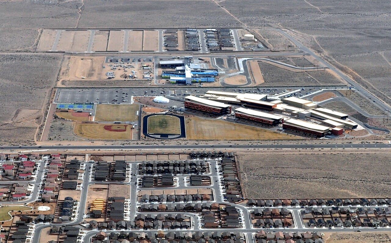 Aerial view of Atrisco Heritage Academy High School and its grounds.